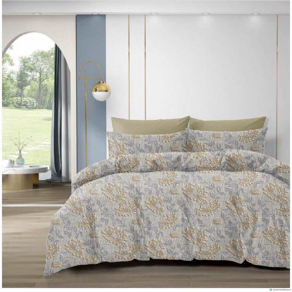 210 TC Cotton Double Bedsheet with 2 Pillow Covers – Beige & Grey Floral Design (108 x 108 Inches)