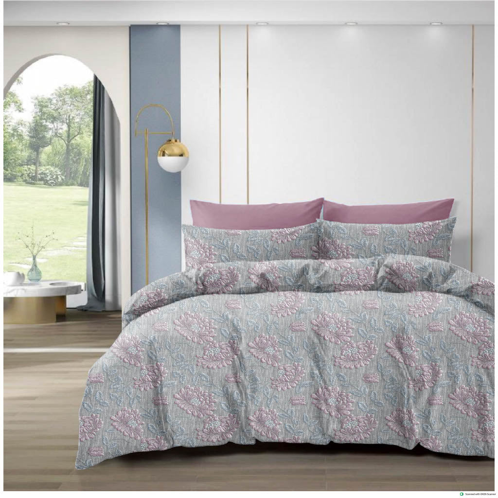 210 TC Cotton Double Bedsheet with 2 Pillow Covers – Beige & Grey Floral Design (108 x 108 Inches)