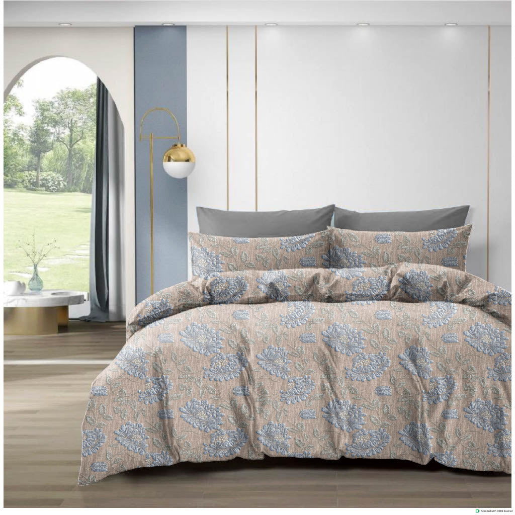 210 TC Cotton Double Bedsheet with 2 Pillow Covers – Beige & Grey Floral Design (108 x 108 Inches)