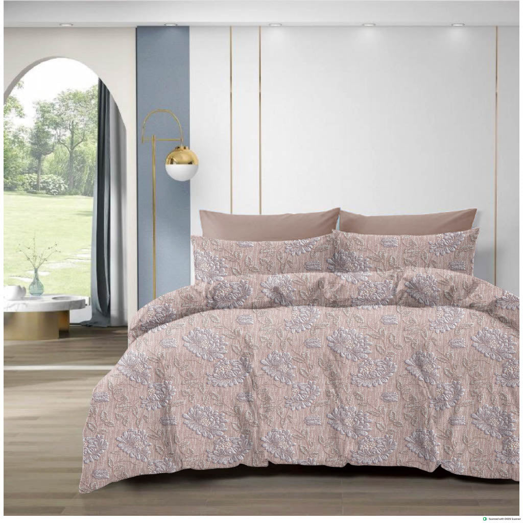 210 TC Cotton Double Bedsheet with 2 Pillow Covers – Beige & Grey Floral Design (108 x 108 Inches)