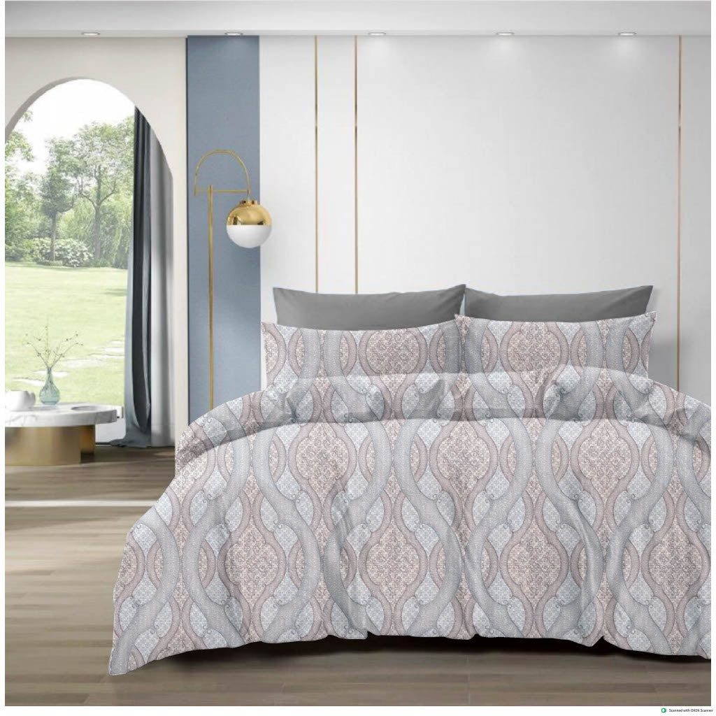 210 TC Cotton Double Bedsheet with 2 Pillow Covers – Grey & Beige Geometric Pattern (108 x 108 Inches)