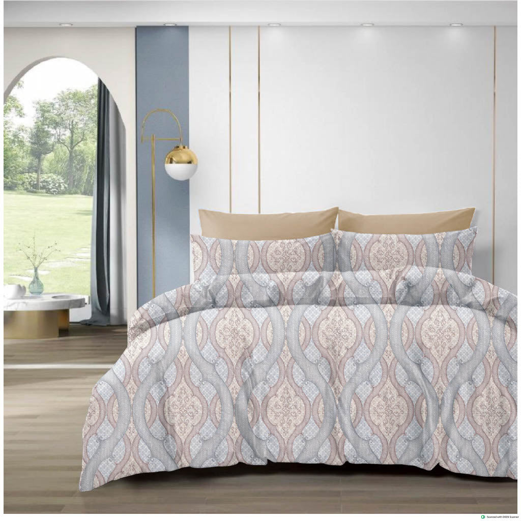 210 TC Cotton Double Bedsheet with 2 Pillow Covers – Grey & Beige Geometric Pattern (108 x 108 Inches)