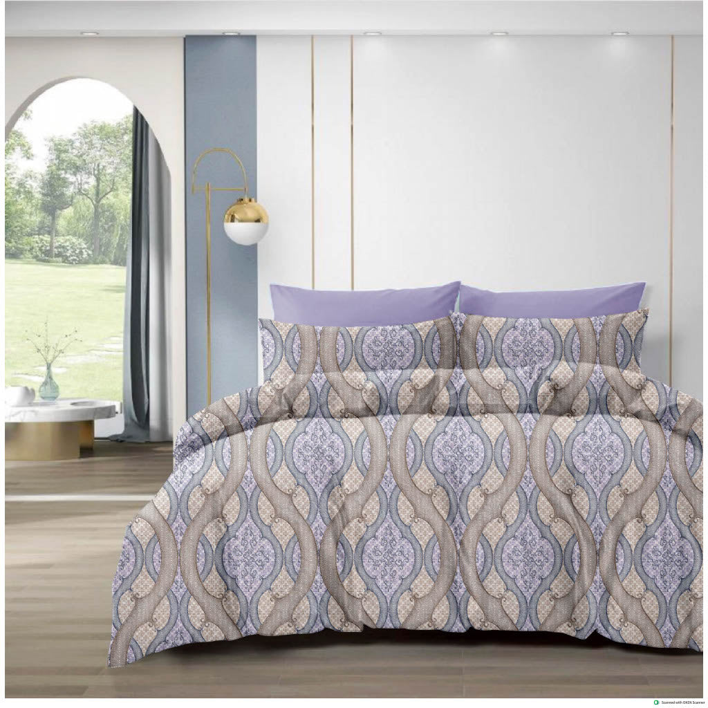 210 TC Cotton Double Bedsheet with 2 Pillow Covers – Grey & Beige Geometric Pattern (108 x 108 Inches)