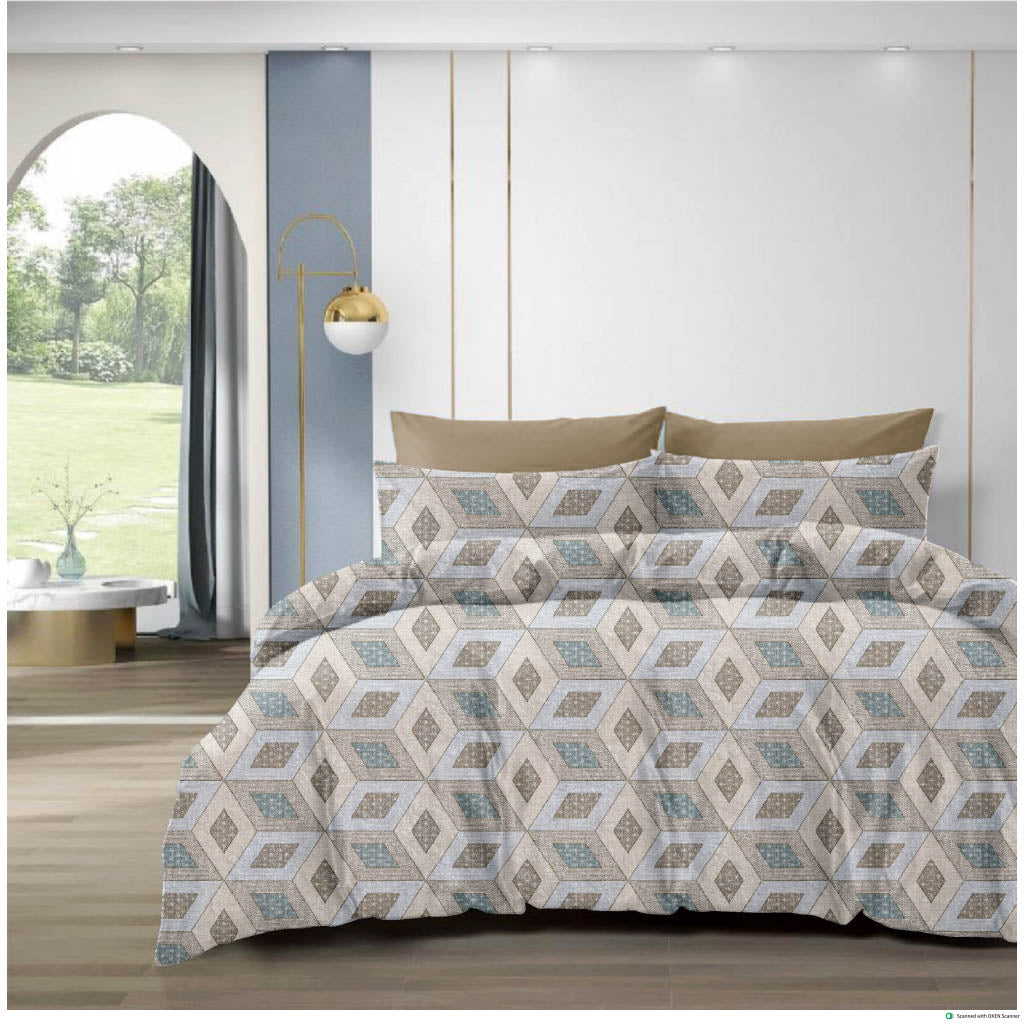 210 TC Cotton Double Bedsheet with 2 Pillow Covers – Brown & Beige Geometric Diamond Pattern (108 x 108 Inches)