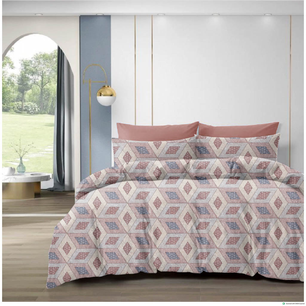 210 TC Cotton Double Bedsheet with 2 Pillow Covers – Brown & Beige Geometric Diamond Pattern (108 x 108 Inches)