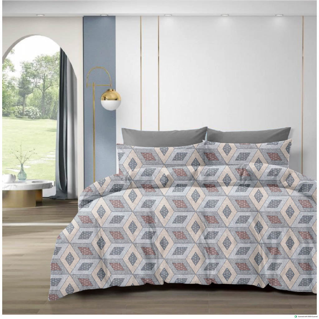 210 TC Cotton Double Bedsheet with 2 Pillow Covers – Brown & Beige Geometric Diamond Pattern (108 x 108 Inches)
