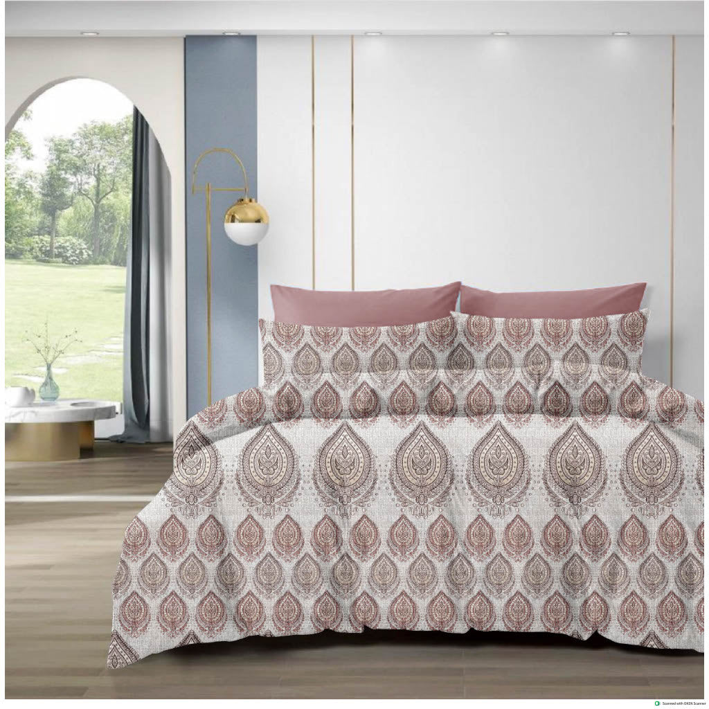 210 TC Cotton Double Bedsheet with 2 Pillow Covers – Grey & Brown Paisley Motif Print (108 x 108 Inches)