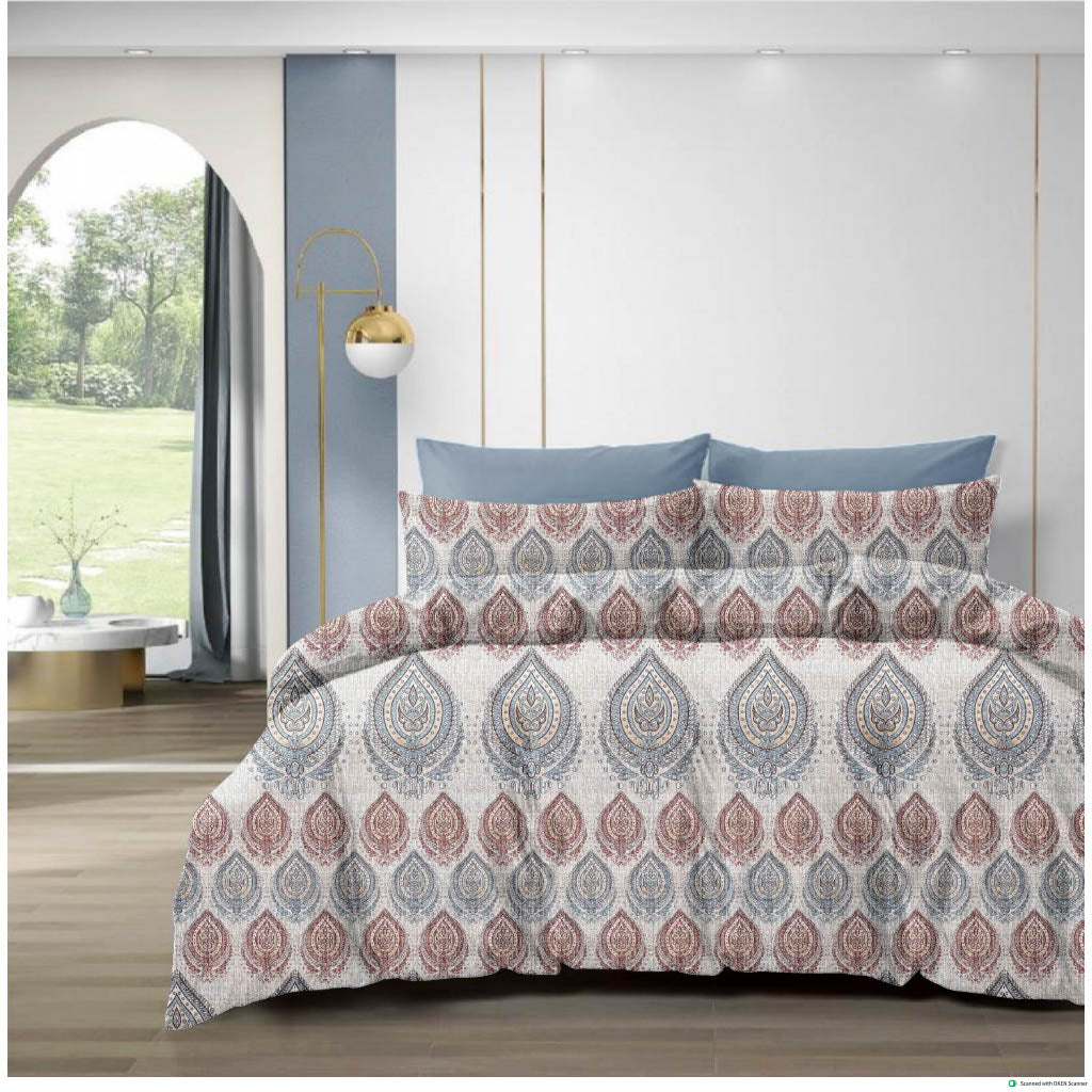 210 TC Cotton Double Bedsheet with 2 Pillow Covers – Grey & Brown Paisley Motif Print (108 x 108 Inches)