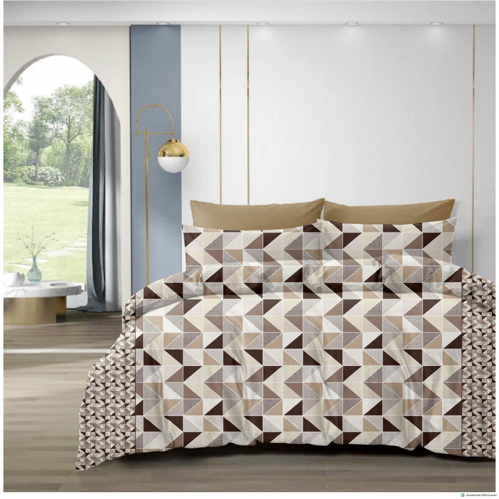 210 TC Cotton Double Bedsheet with 2 Pillow Covers – Geometric Triangle Print in Maroon & Beige (108 x 108 Inches)