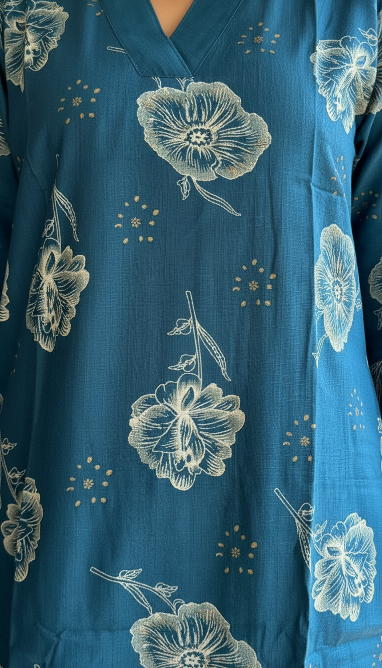 Teal Vertical Silk Print Kurta with Floral Accents