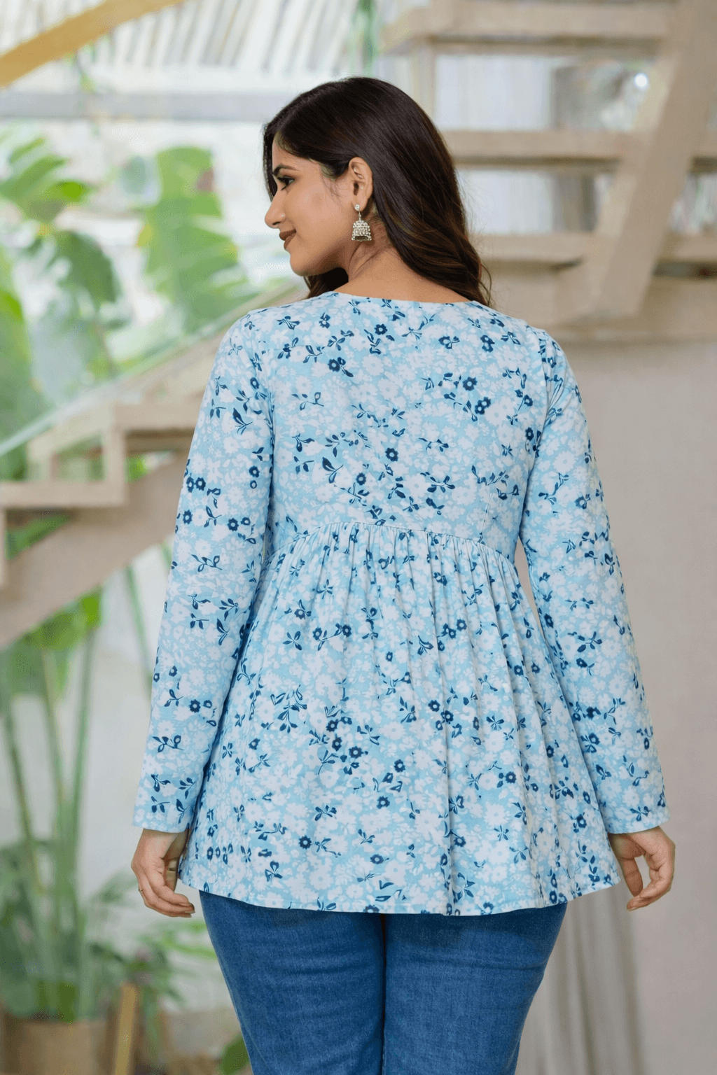 Sky Blue Floral Printed Cotton Tunic Top