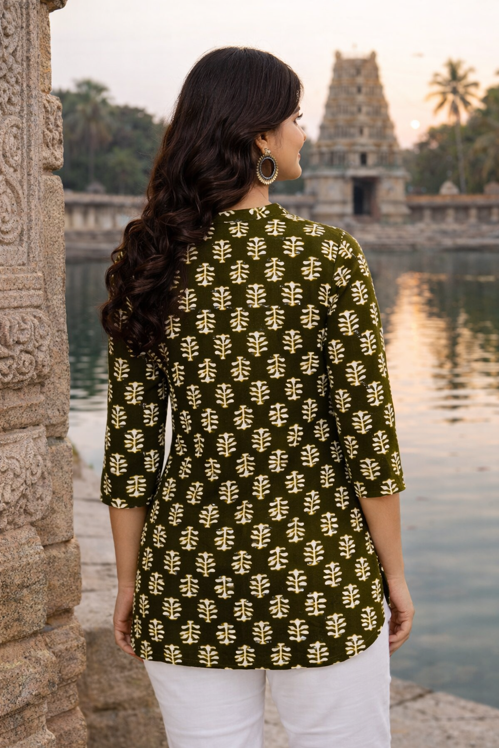 Olive Green Printed Regular Top | Premium Cotton | 3/4th Sleeves