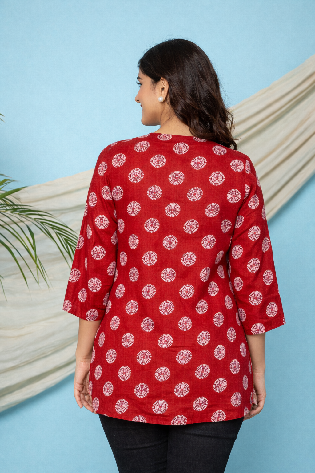 Red Ethnic Printed Regular Top | Premium Cotton | 3/4th Sleeves