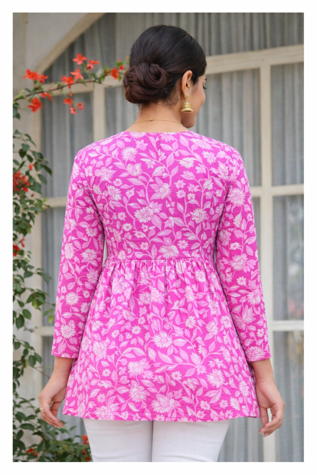 Pink Floral Printed Cotton Tunic Top for Women – V Neck, Full Sleeves