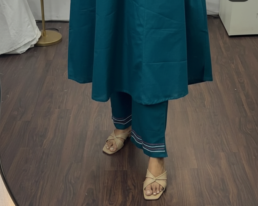Teal Blue Embroidered Cotton Kurta Set with Pants