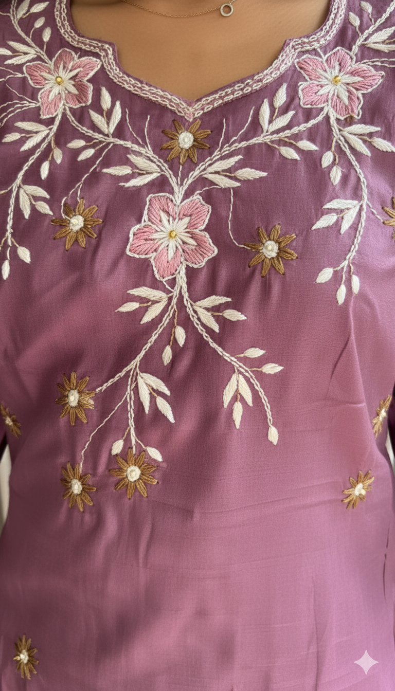Elegant Silk Corde Kurta Set with Floral Embroidery