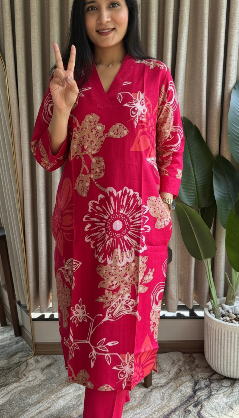 Elegant Red Vertical Silk Print Kurta Set with Floral Motifs