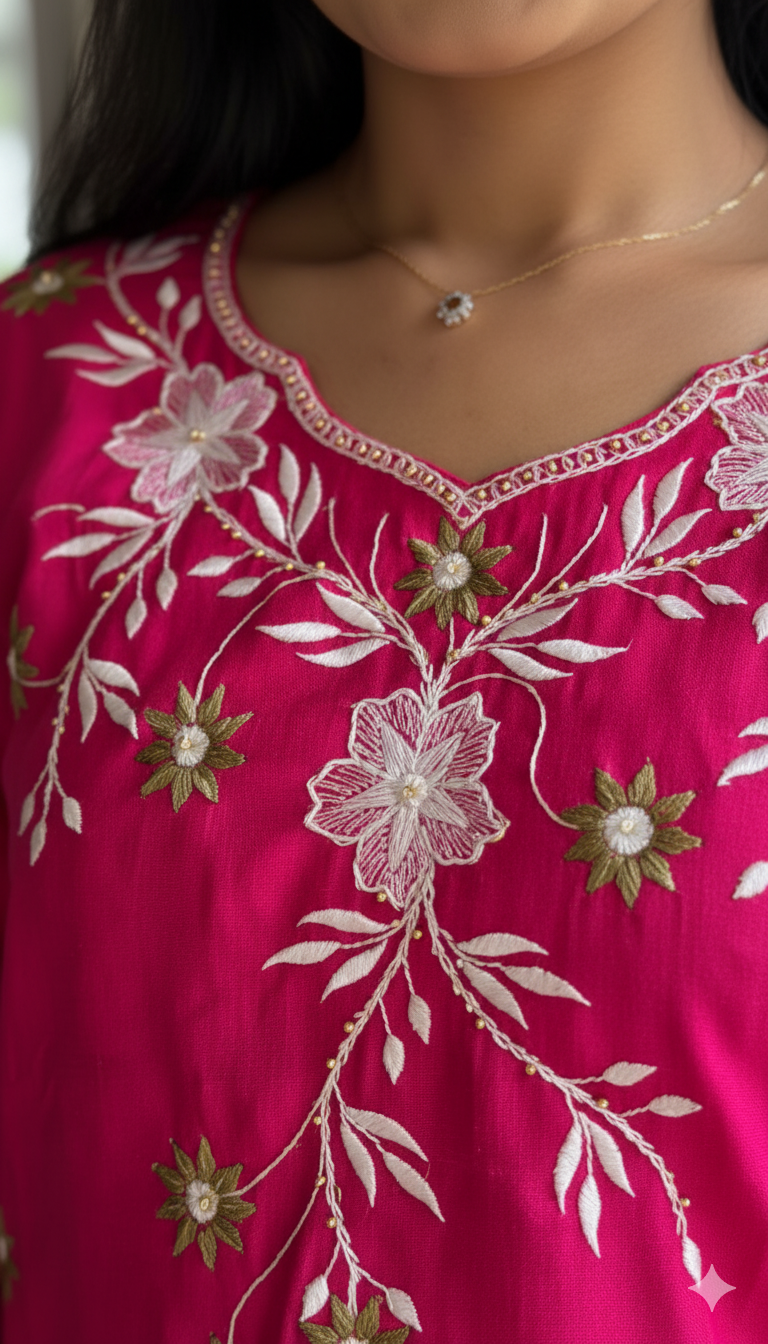 Elegant Silk Corde Kurta Set with Floral Embroidery