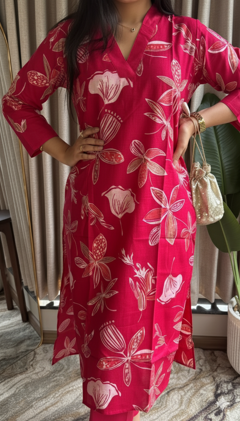 Vibrant Red Vertical Silk Print Kurta Set with Straight Pants