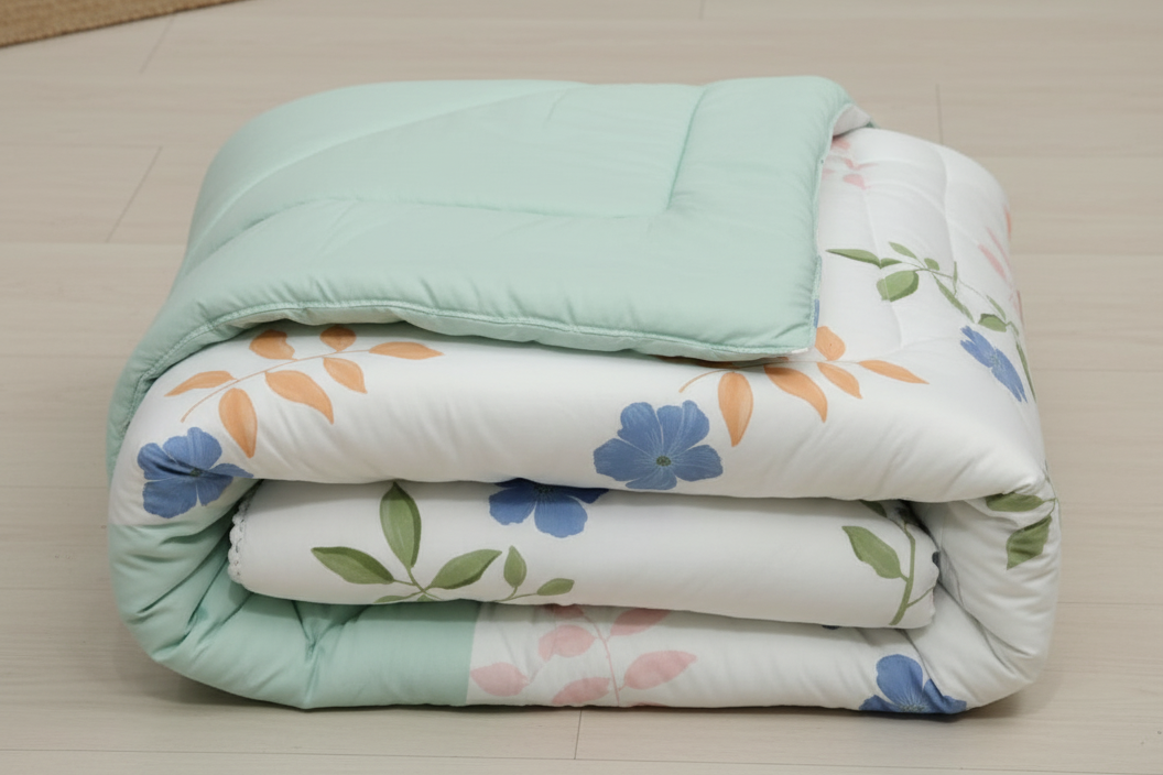Reversible Glace Cotton Comforter with Microfiber Filling – White with Blue & Peach Floral Print, Mint Green Reverse