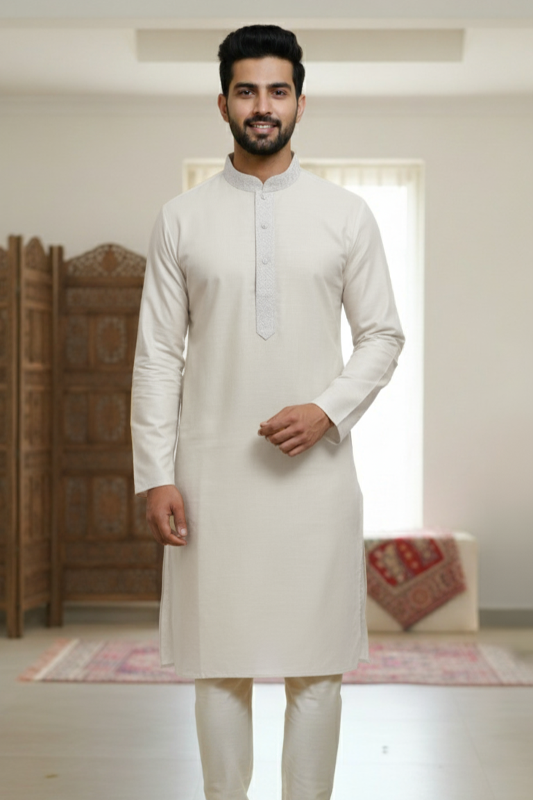 Men’s Mustard Yellow Cotton Kurta with White Churidar