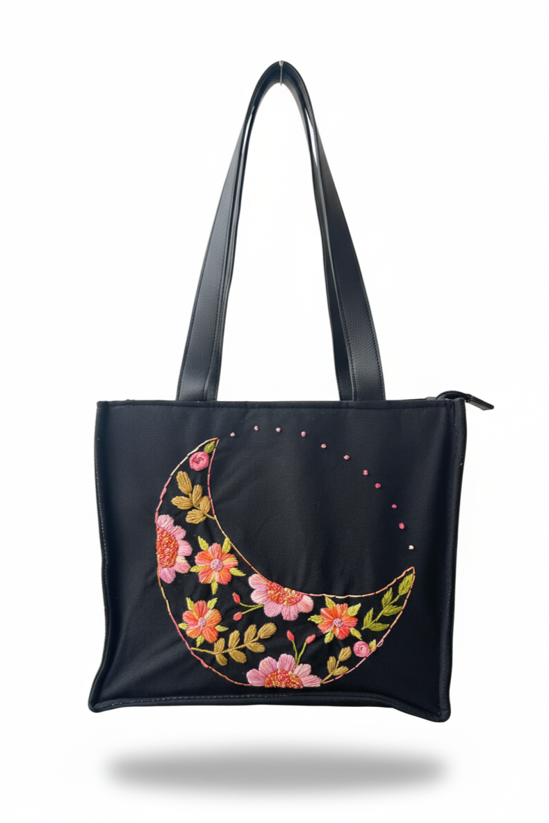 Black Cotton Canvas Tote Bag with Hand Embroidered Crescent Moon Floral Design & PU Leather Straps – 13.5 x 12 x 6 inch