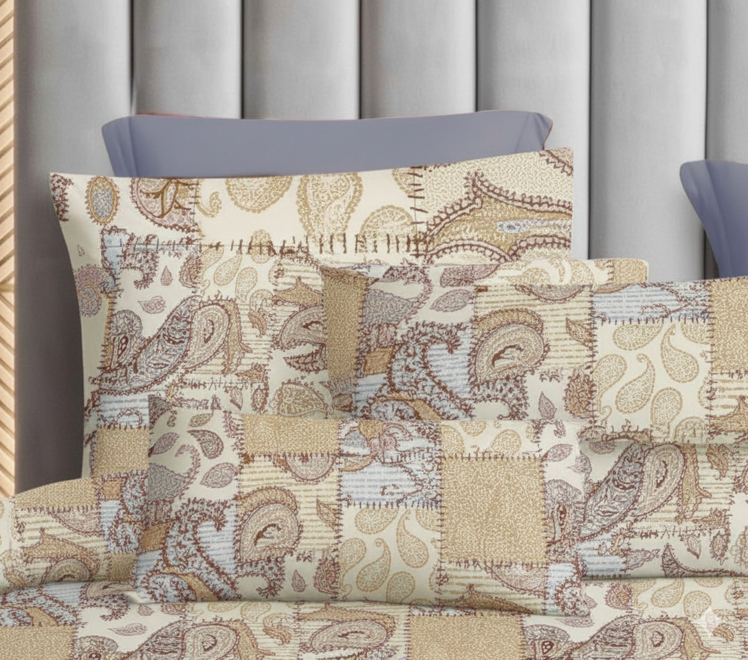 Premium Cotton Patchwork Paisley Bedsheet Set – King Size 114x120, 320 TC with Pillow Covers