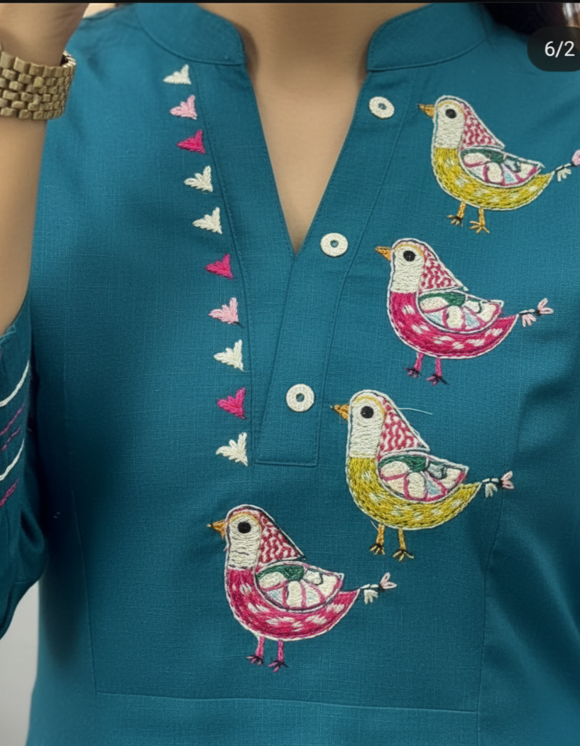 Teal Blue Embroidered Cotton Kurta Set with Pants