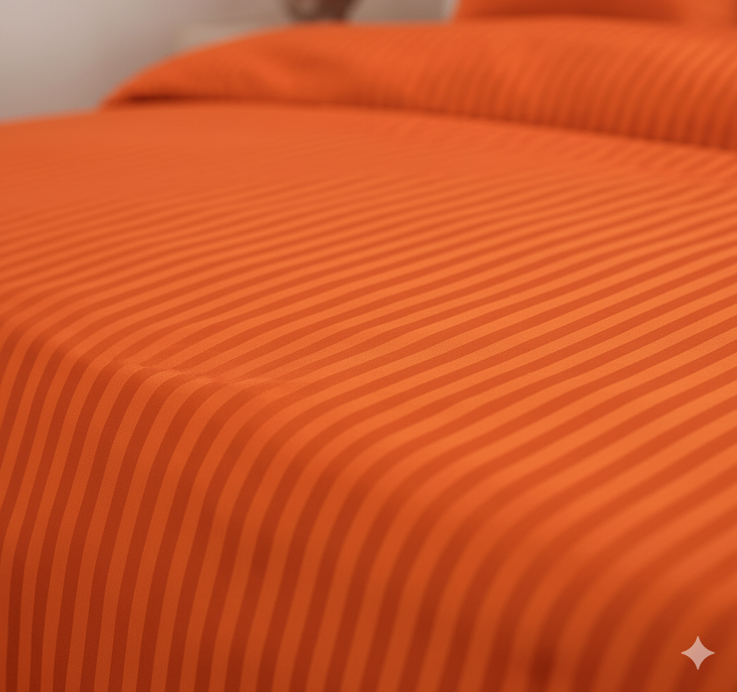 Bhagwa (Orange) Glace Cotton Striped Bedsheet Set – 144 GSM with Pillow Covers