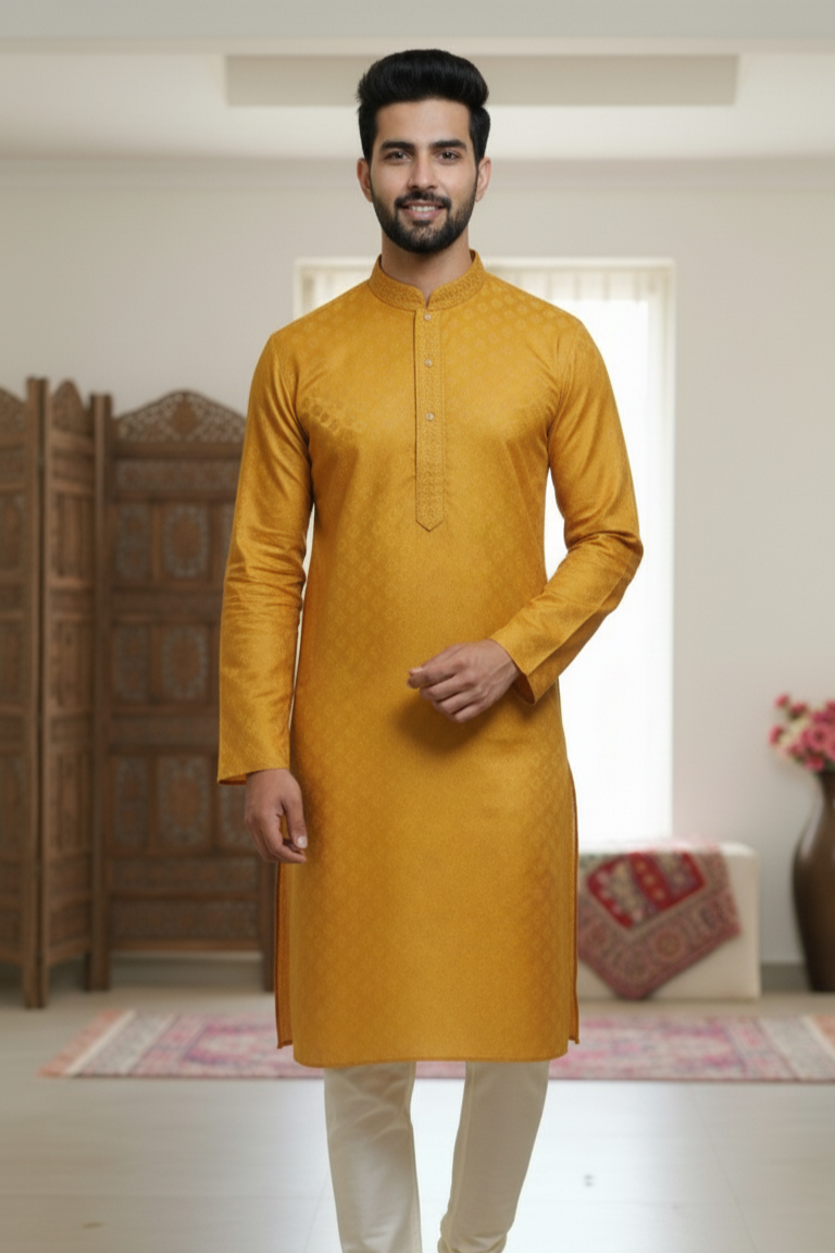 Men’s Light Teal Green Jacquard Cotton Kurta with Embroidered Placket