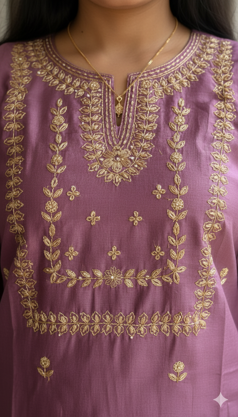 Deep Navy Blue Silk Corde Kurta Set with Golden Embroidery