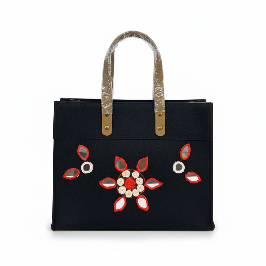 Black Laminated Canvas Tote Bag with Red Floral & Mirror Embroidery – Handmade Handbag (12 x 10 x 6 inch)