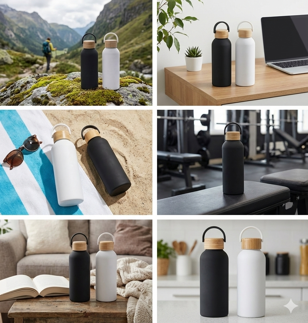 Premium Stainless Steel Thermos Bottle – 500ml | Bamboo Lid with Handle | Hot & Cold Insulation