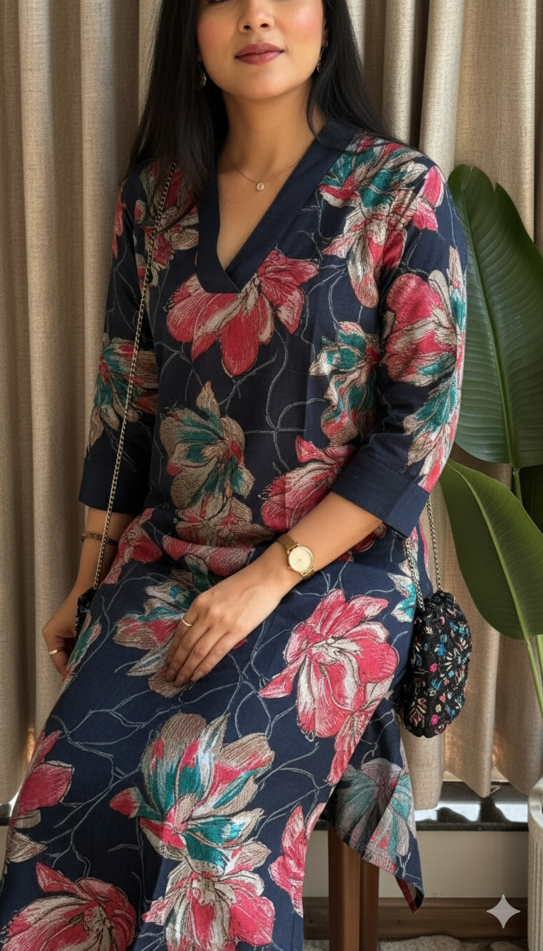 Elegant Floral Printed Kurta with Solid Pants – Contemporary Indo-Western Set