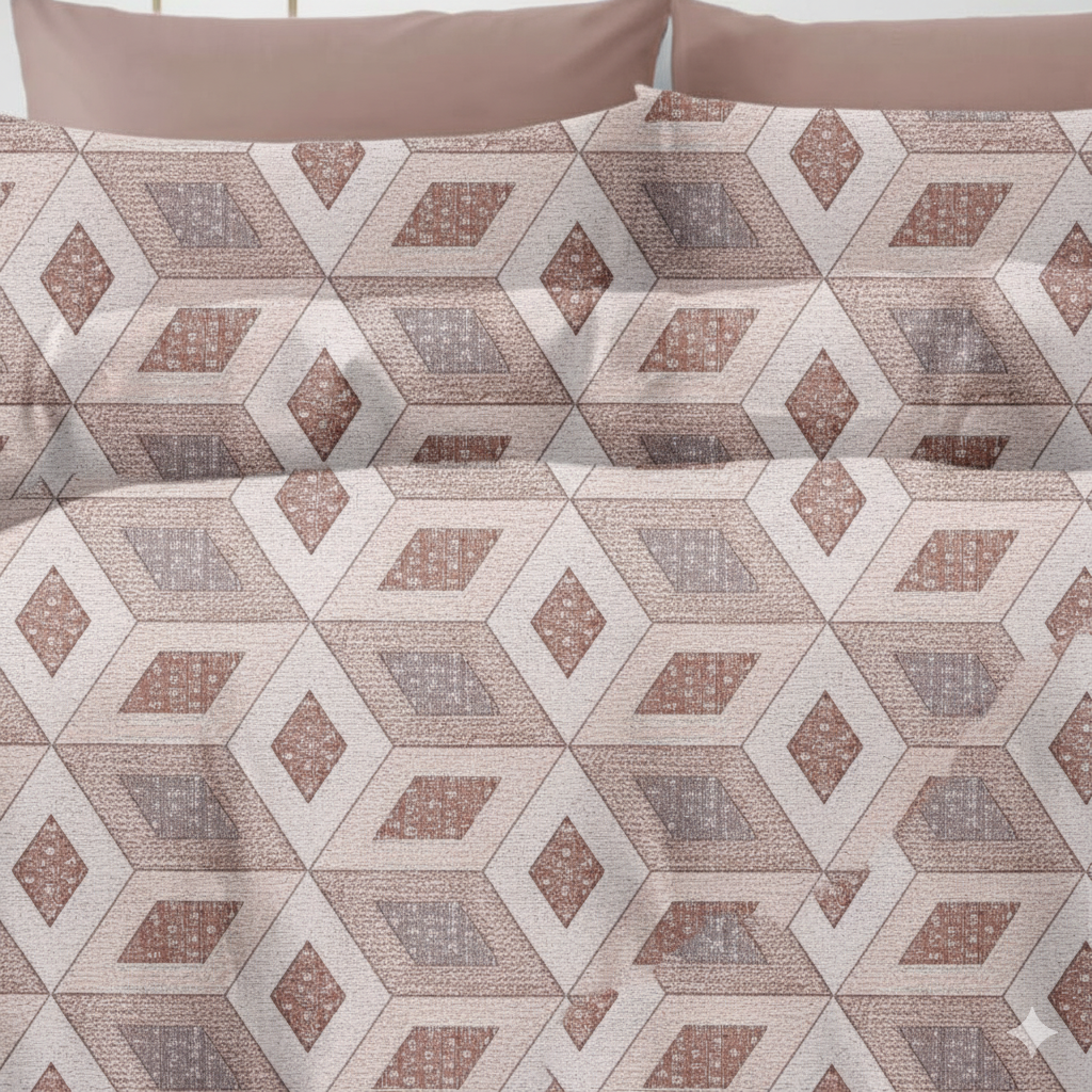 210 TC Cotton Double Bedsheet with 2 Pillow Covers – Brown & Beige Geometric Diamond Pattern (108 x 108 Inches)