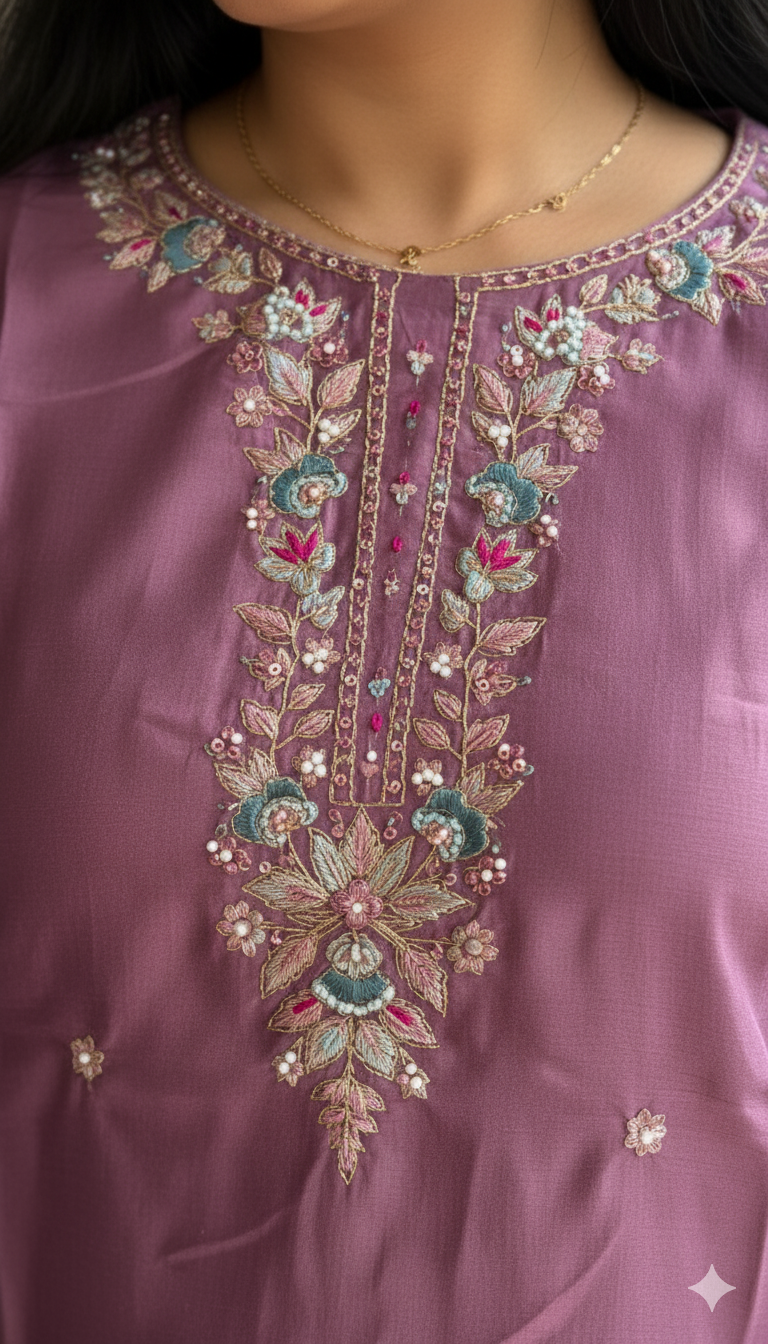 Hot Pink Vertical Silk Cord Set with Embroidered Kurta
