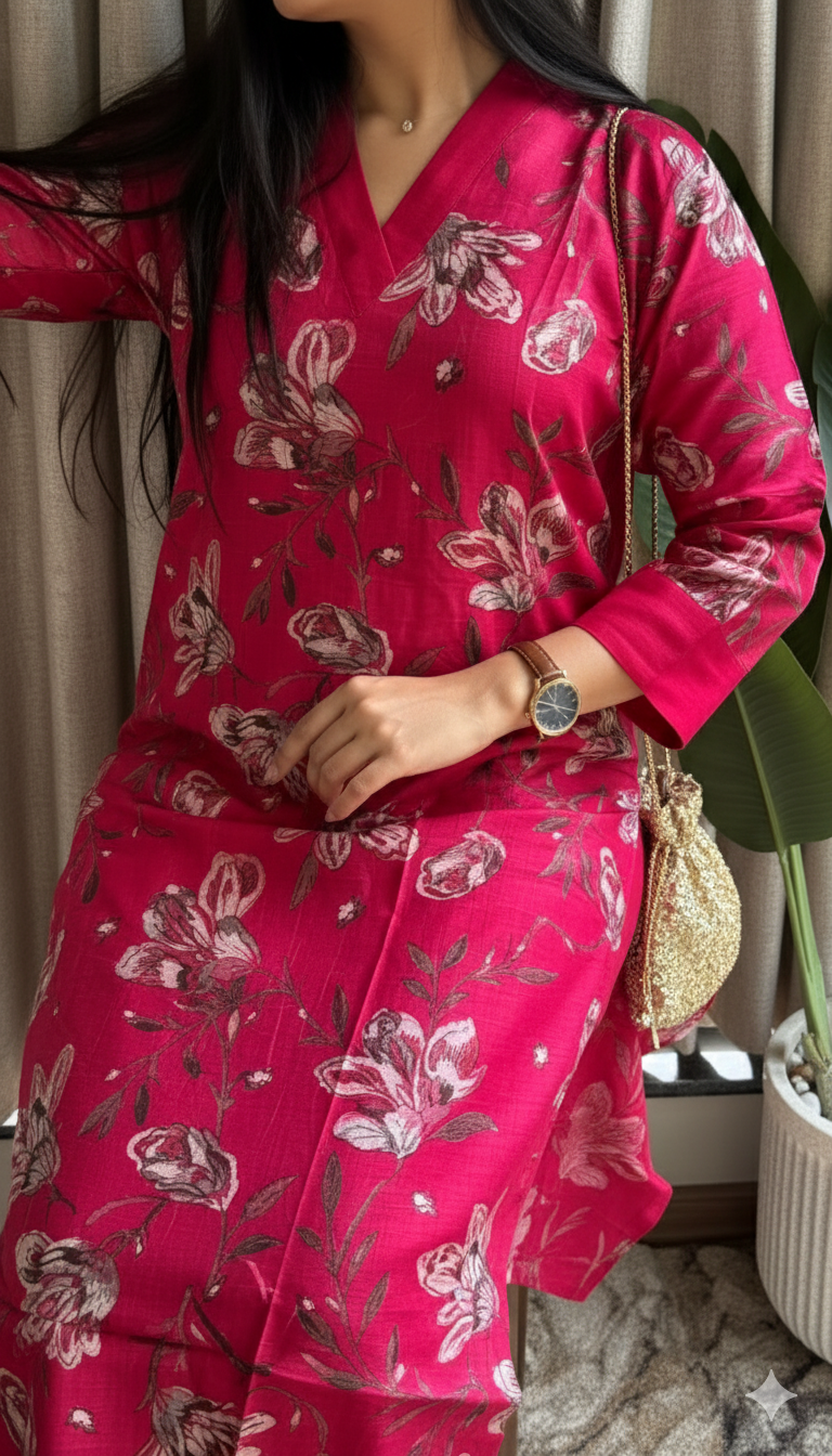 Crimson Vertical Silk Print Kurta Set with Straight Pants