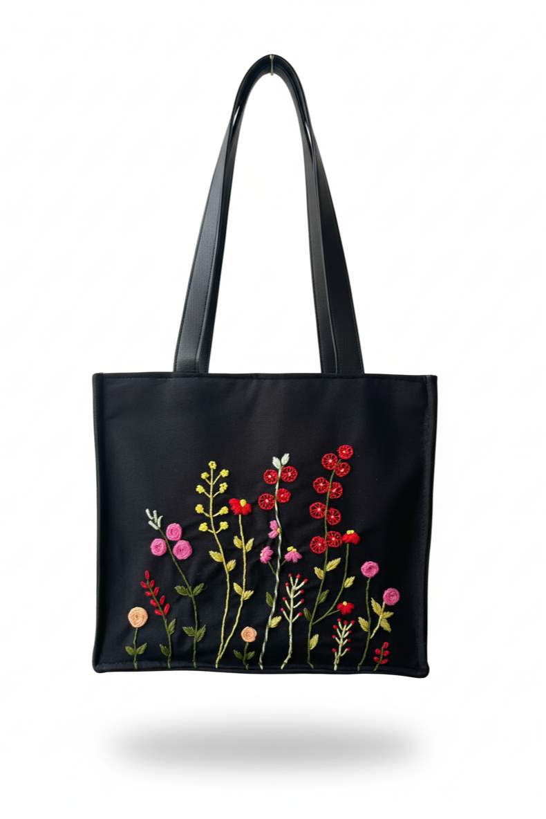 Black Cotton Canvas Tote Bag with Hand Embroidered Floral Garden Design & PU Leather Straps – 13.5 x 12 x 6 inch