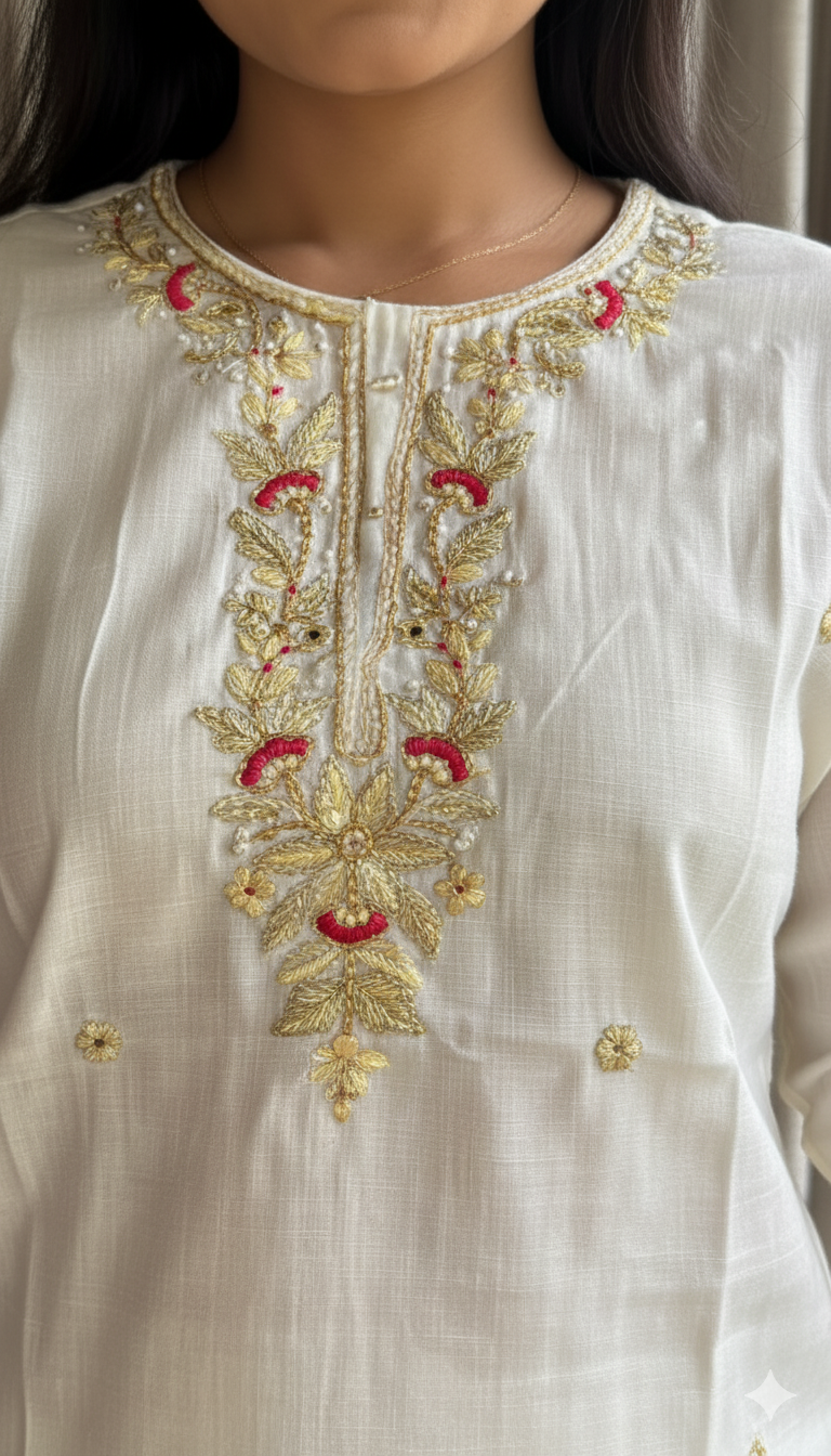 Hot Pink Vertical Silk Cord Set with Embroidered Kurta