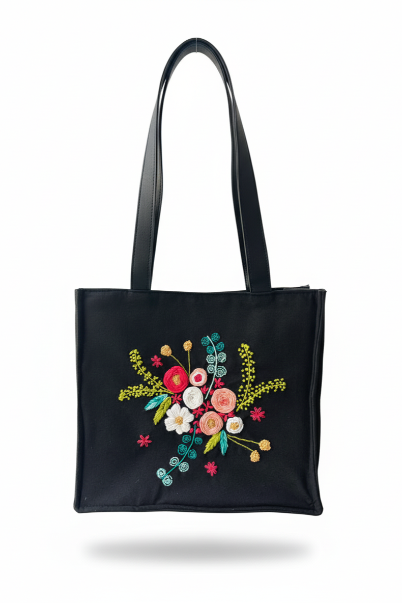 Black Cotton Canvas Tote Bag with Hand Embroidery & PU Leather Straps – Floral Design (13.5 x 12 x 6 inch)