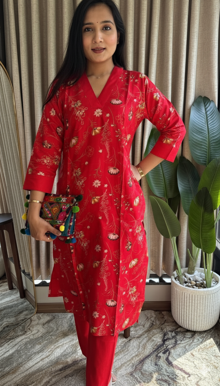 Red Floral Printed Vertical Silk Kurta Set