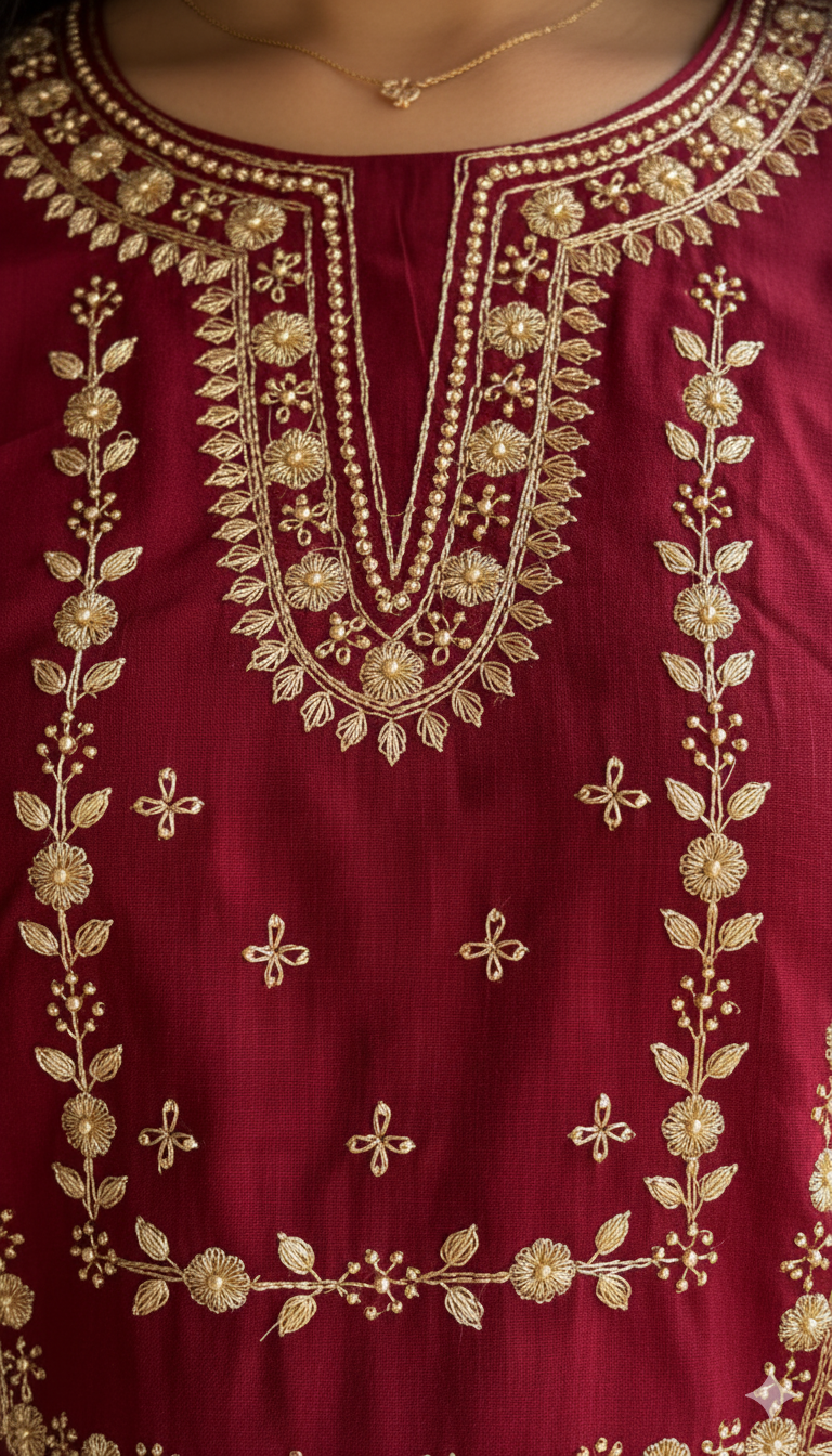 Deep Navy Blue Silk Corde Kurta Set with Golden Embroidery