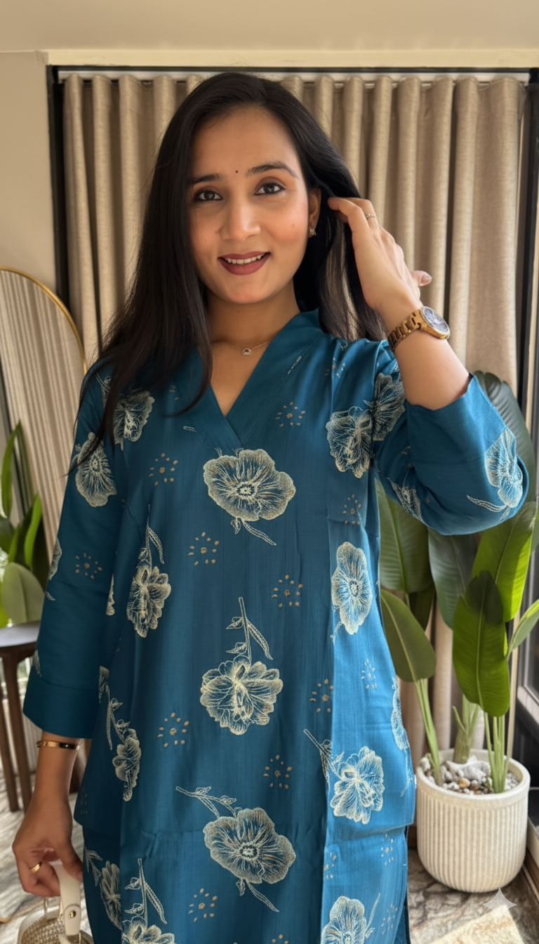Teal Vertical Silk Print Kurta with Floral Accents