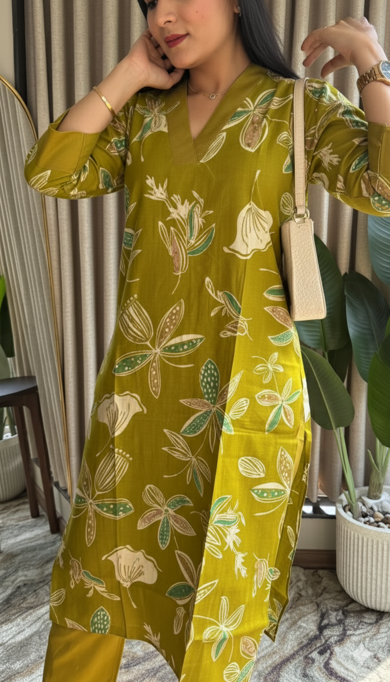 Mustard Green Vertical Silk Print Kurta Set with Straight Pants
