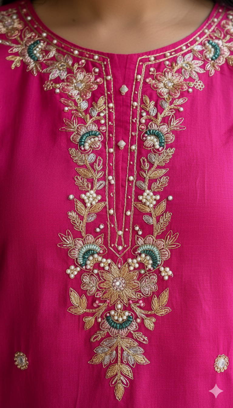 Hot Pink Vertical Silk Cord Set with Embroidered Kurta