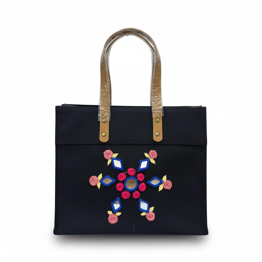 Black Laminated Canvas Tote Bag with Pink Floral & Mirror Embroidery – Handmade Handbag (12 x 10 x 6 inch)