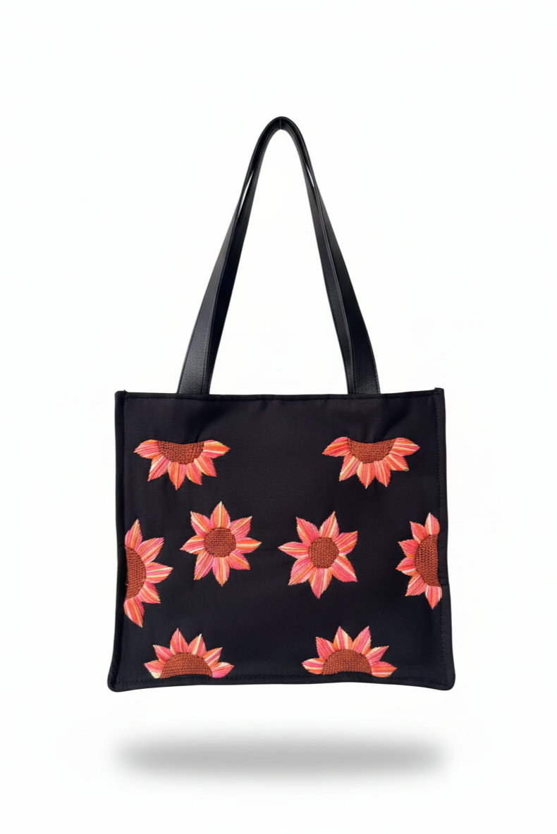 Black Cotton Canvas Tote Bag with Hand Embroidered Sunflowers & PU Leather Straps – 13.5 x 12 x 6 inch