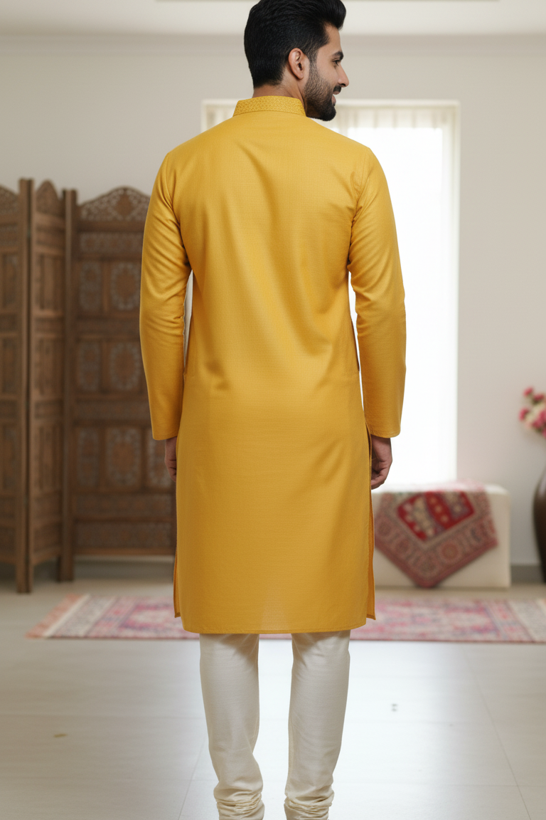 Men’s Mustard Yellow Cotton Kurta with White Churidar