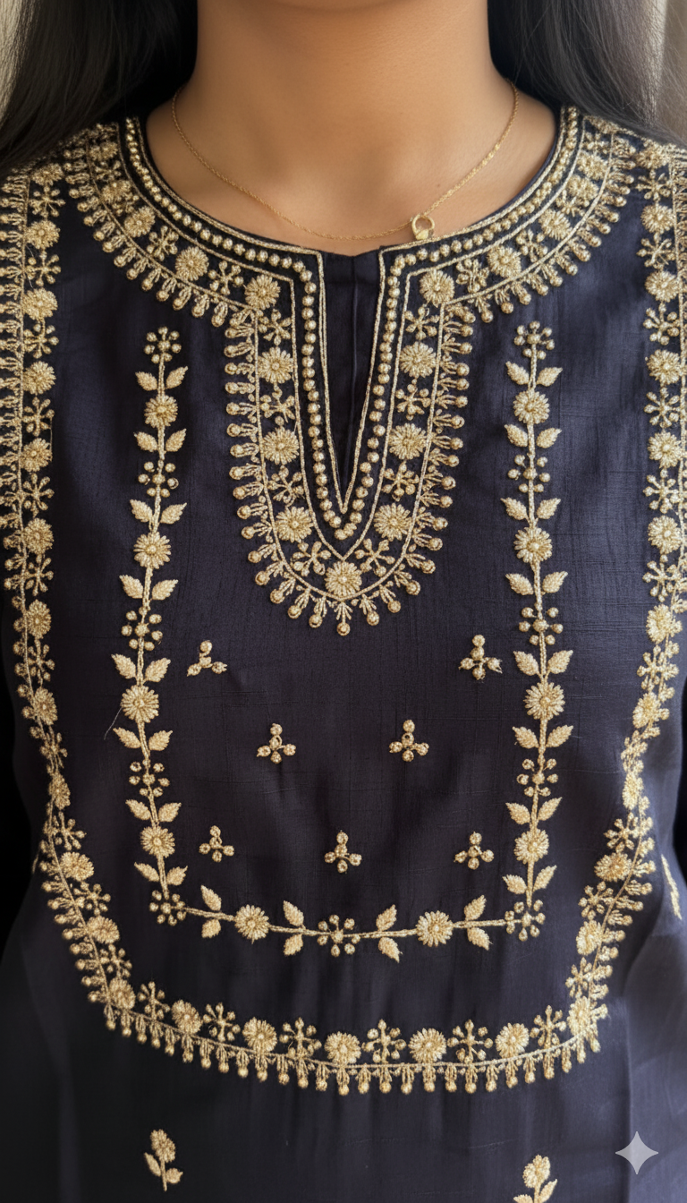 Deep Navy Blue Silk Corde Kurta Set with Golden Embroidery