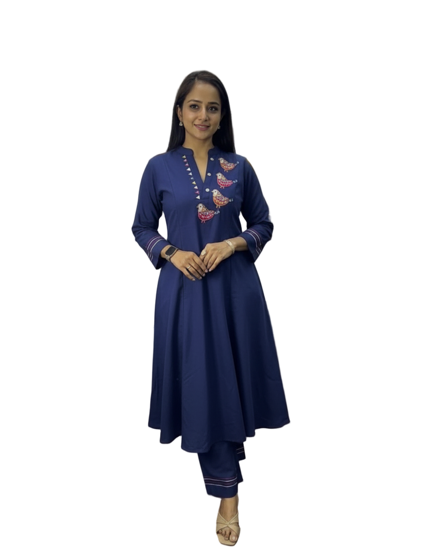 Teal Blue Embroidered Cotton Kurta Set with Pants